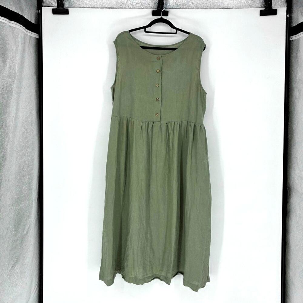Sage Green Linen 5-Button Jumper Midi Dress - Size XXL   Cottagecore - Country
